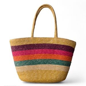 Vintage Rainbow Multicolor Striped Woven Straw Tote Bag Large